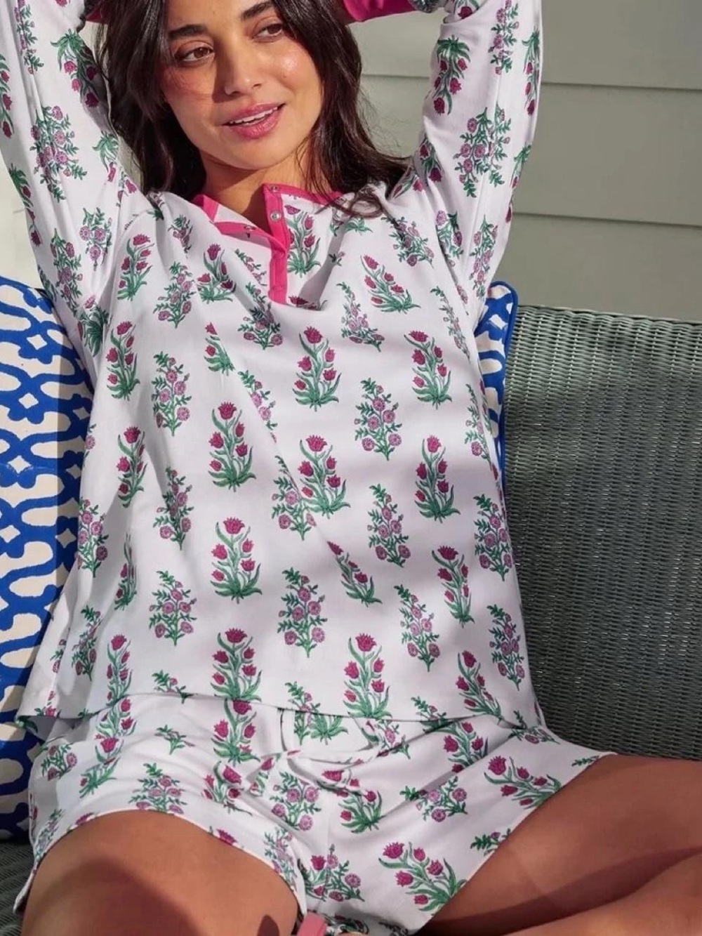 NWT Roller Rabbit Women's White Floral Henley Pajama Set - Pink & Green